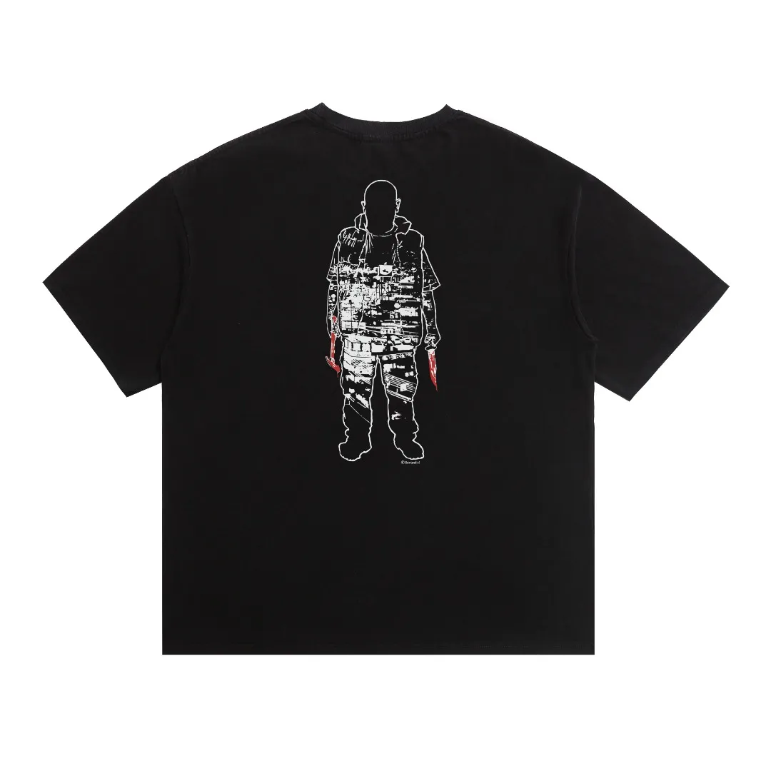 Saint Michael butterfly control house's retro printed distressed washed loose short-sleeved T-shirt with digital white ink direct injection, the fabric is breathable and the pattern is three-dimensional and clear. Fabric: Double yarn 240g Style number: S961 Size: S-M-L-XL Color: Black Price: P118